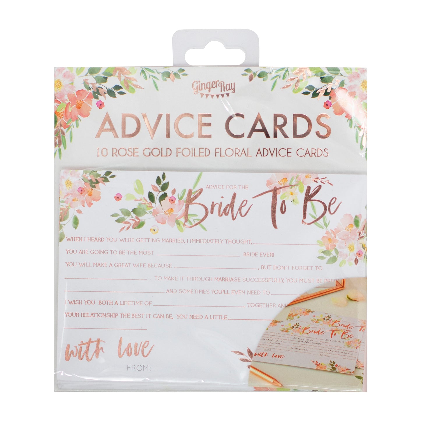 Floral and rose gold foiled advice for the bride cards