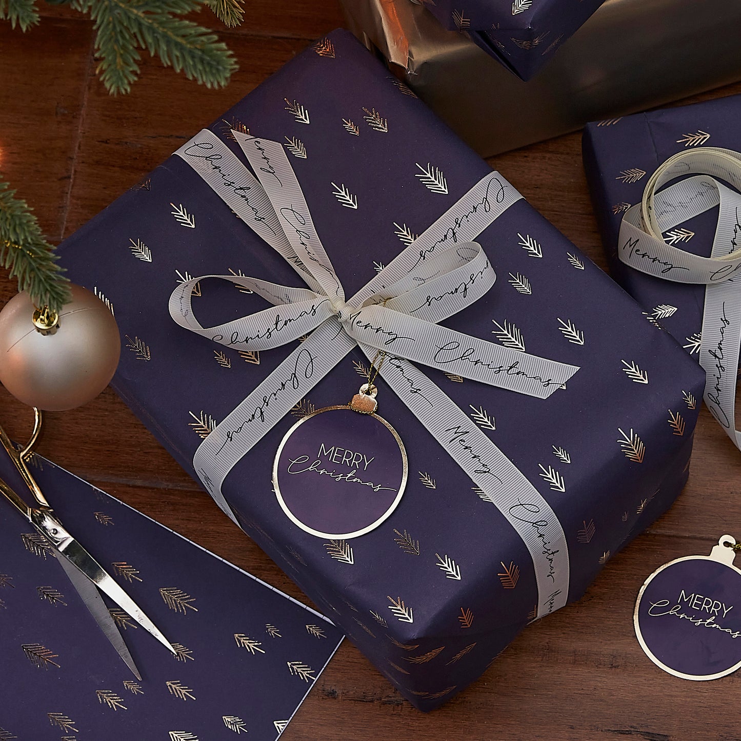 Navy and Gold Christmas Tree Wrapping Paper Set With Ribbon and Tags
