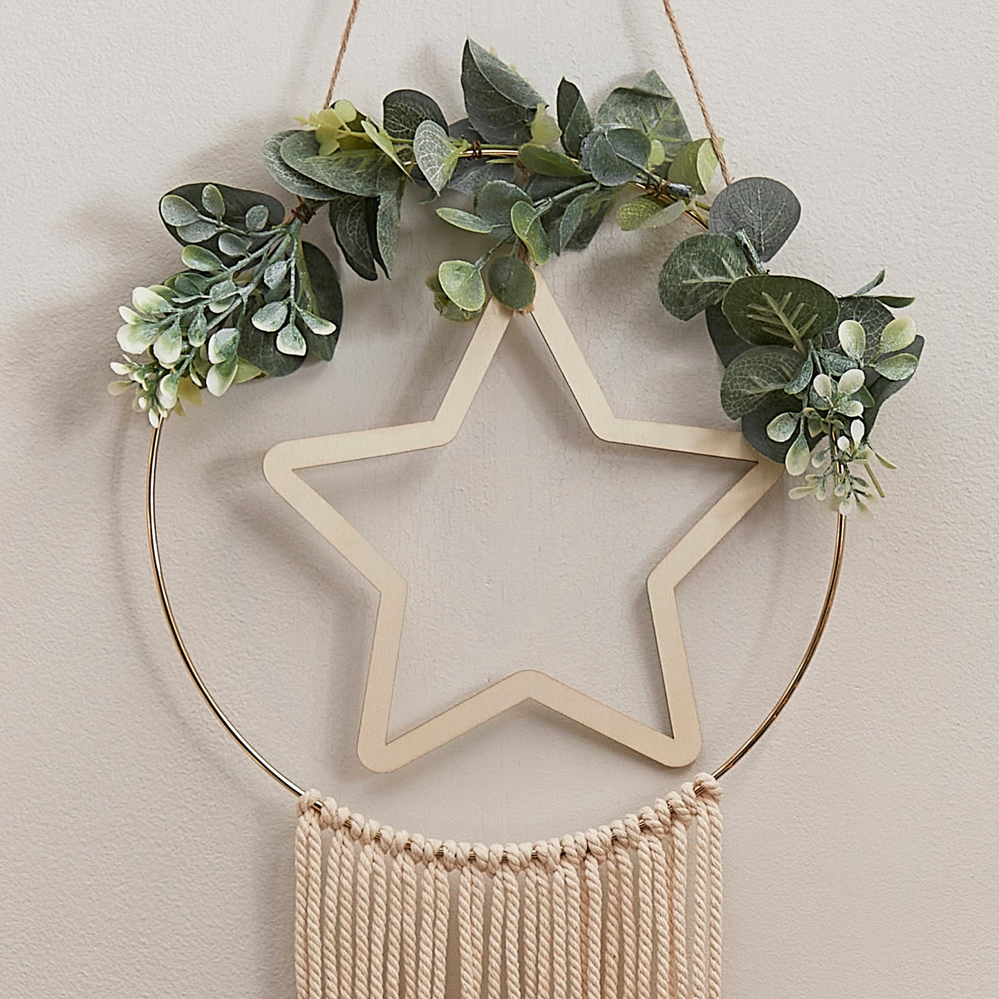 Wooden Hoop and Star Macrame Wall Hanging Wreath