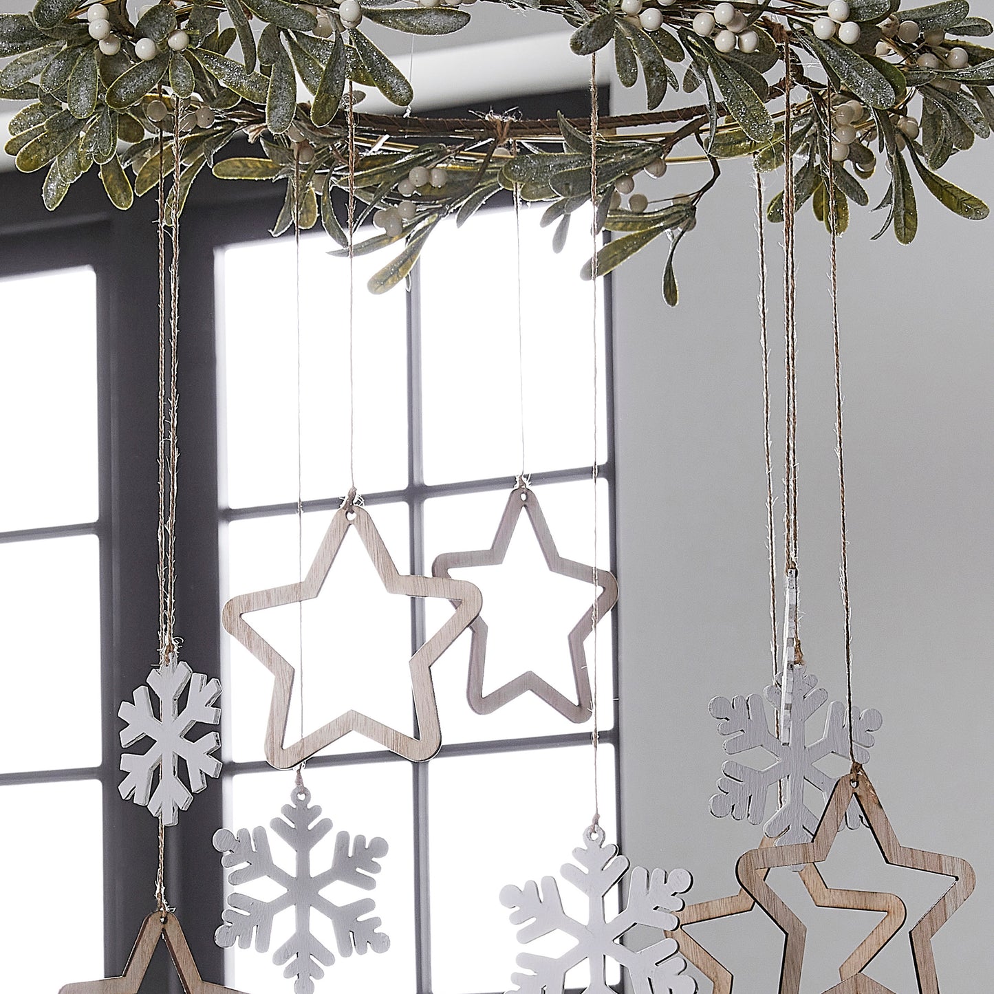 Gold Hanging Hoop Decoration with Mistletoe and Wooden Hanging Snowflakes and Stars
