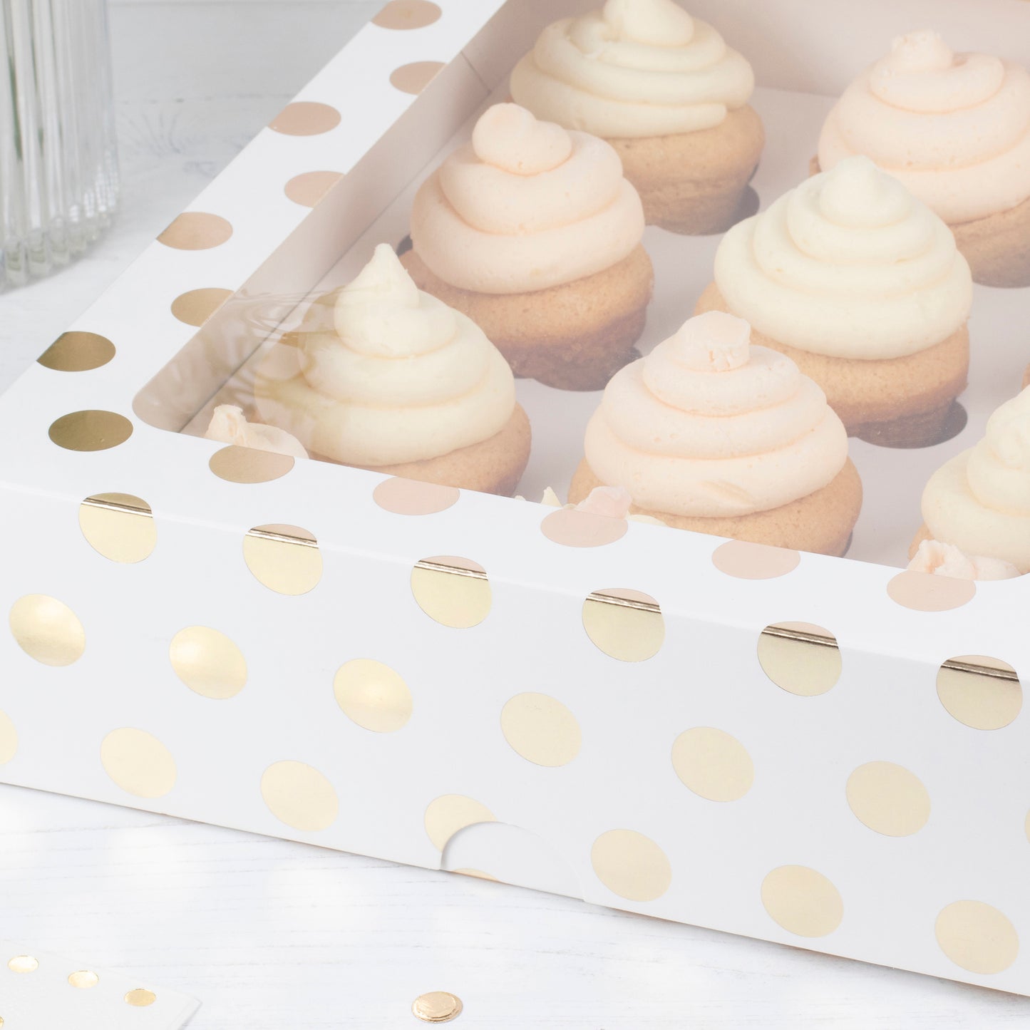 White and Gold Polka Dot 12 Hole Cupcake Box