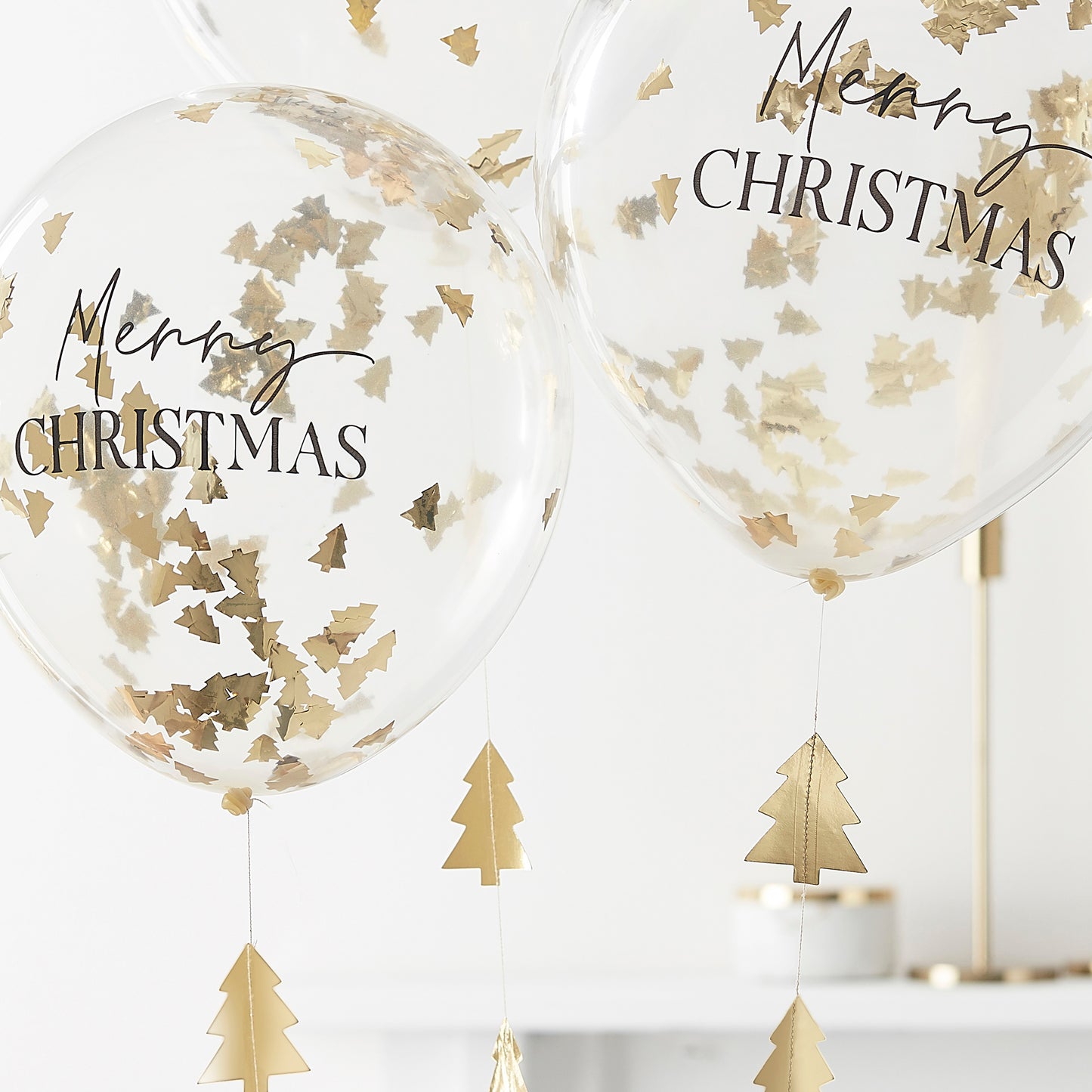 Merry Christmas Confetti Balloons with Gold Christmas Tree Balloon Tails