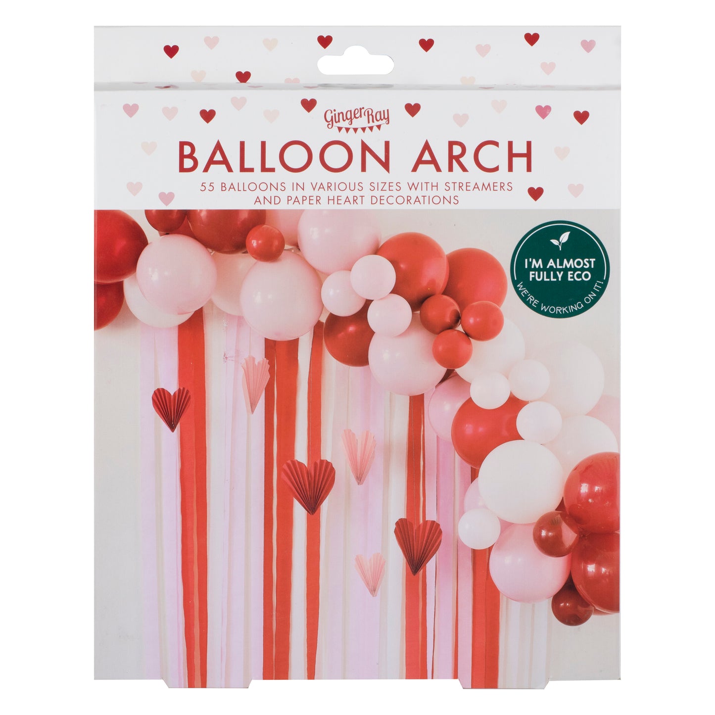 Red & Pink Balloon Arch Party Backdrop with Streamers and Paper Heart Decorations