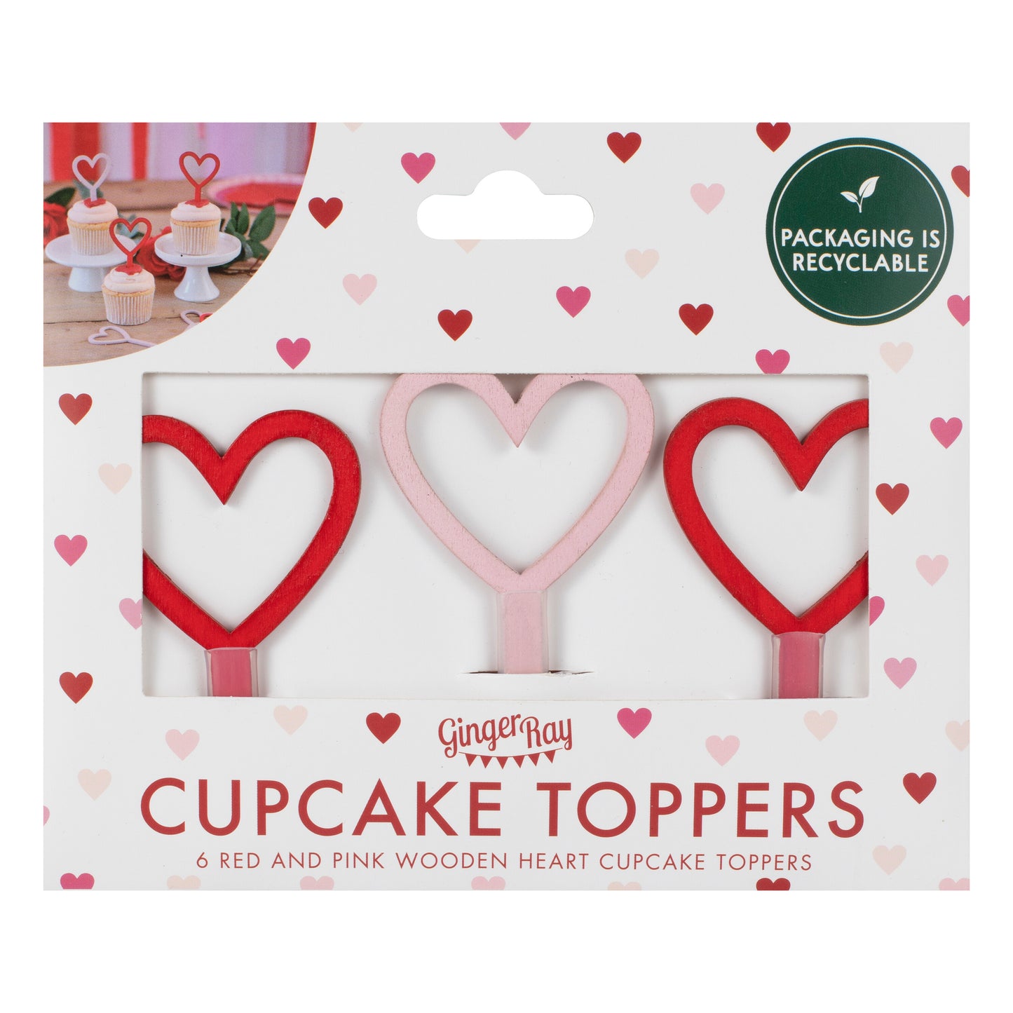 Wooden Red and Pink Heart Cupcake Toppers