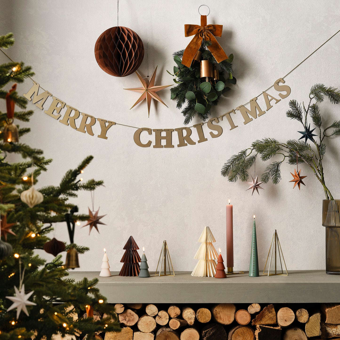 Foliage Christmas Door Swag with Velvet Ribbon & Bells