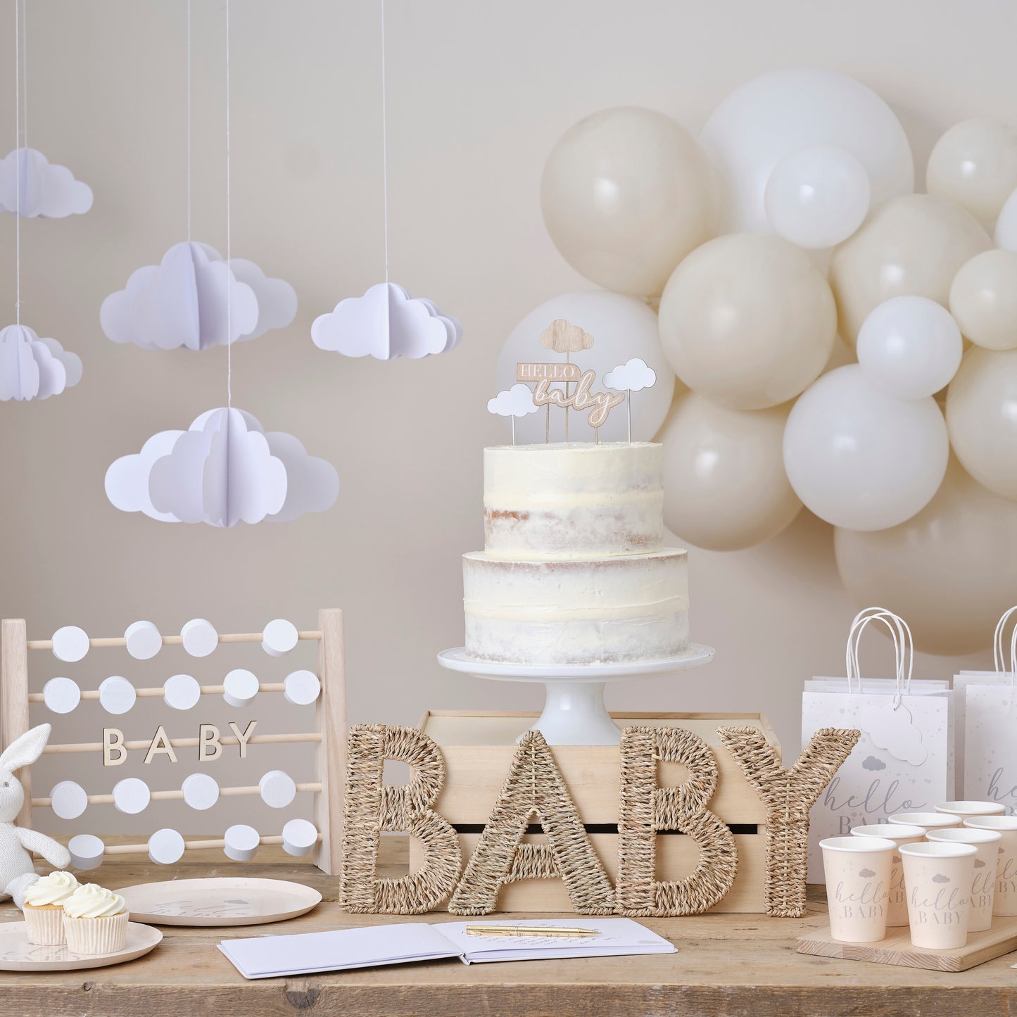 Wooden Hello Baby and Clouds Baby Shower Cake Topper