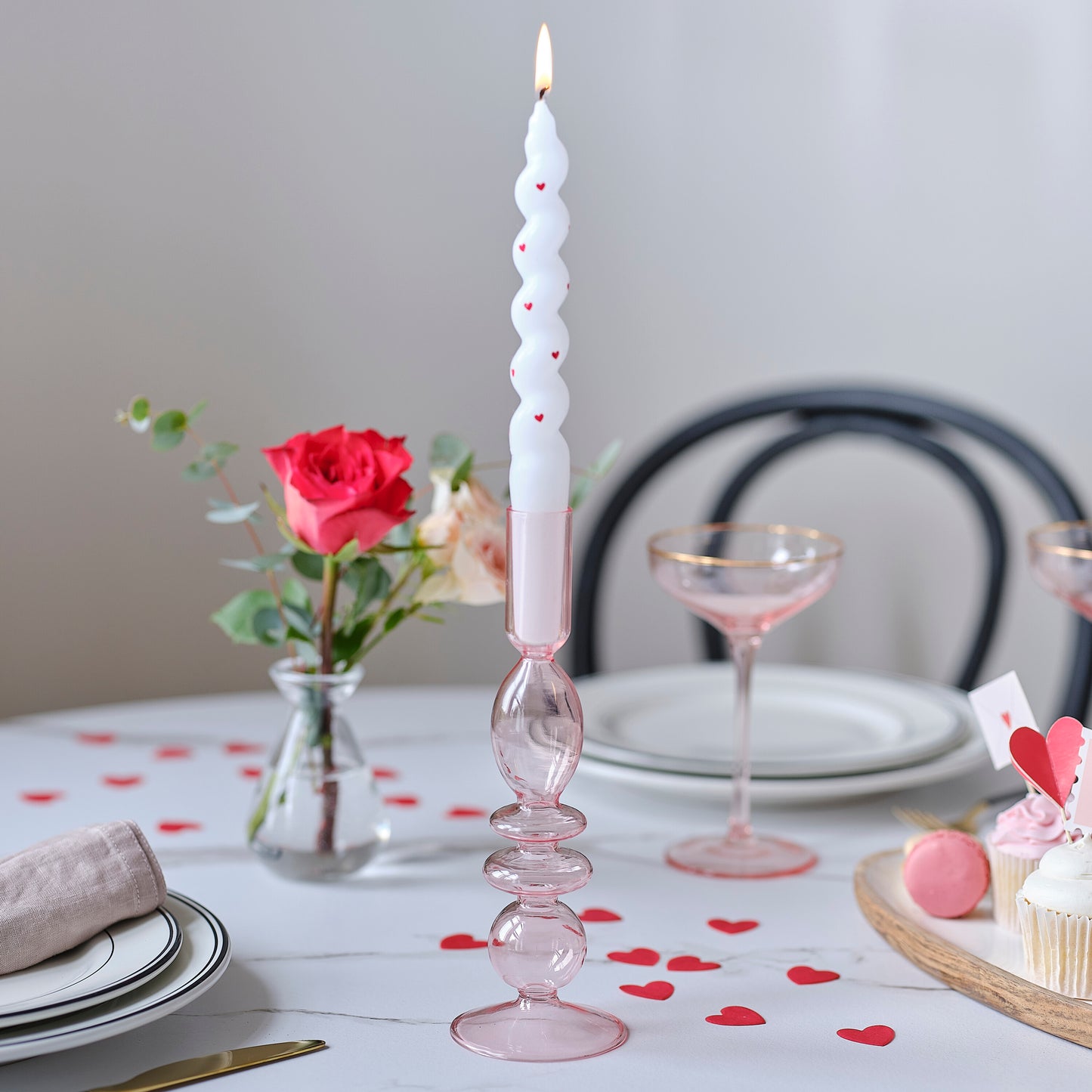 Pink Glass Candle Holders & Heart Pattern Dinner Candle Set