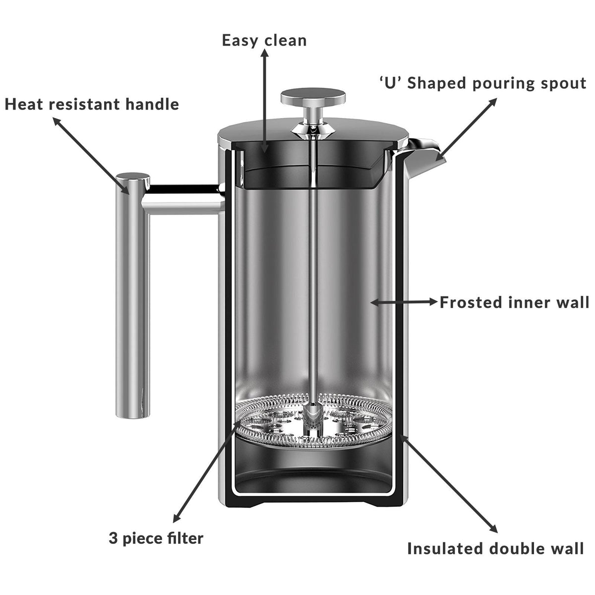 French Press Cafetiere Steel Coffee Maker 1500ml | M&W	