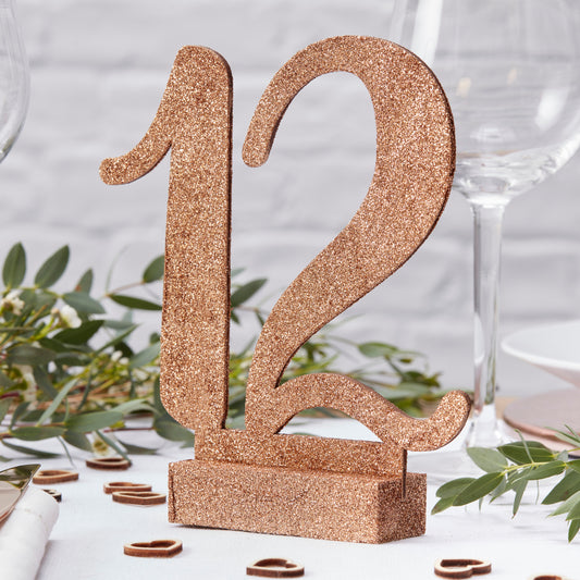 Rose Gold Glitter Wooden Table Numbers 1-12