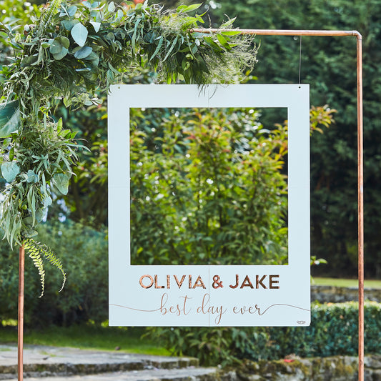 White And Rose Gold Personalised Wedding Photo Booth Frame
