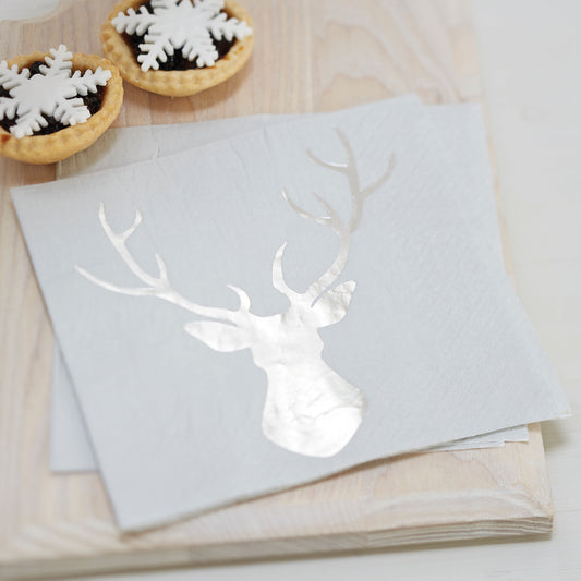 Silver Foiled Stag Napkins - Christmas Metallics