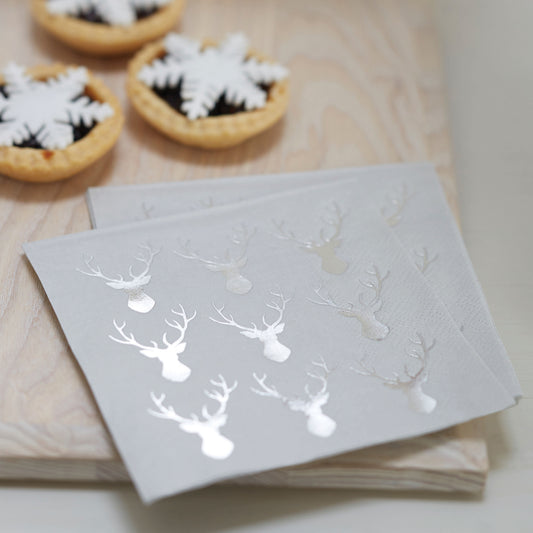 Silver Foiled Stag Christmas Cocktail Napkins