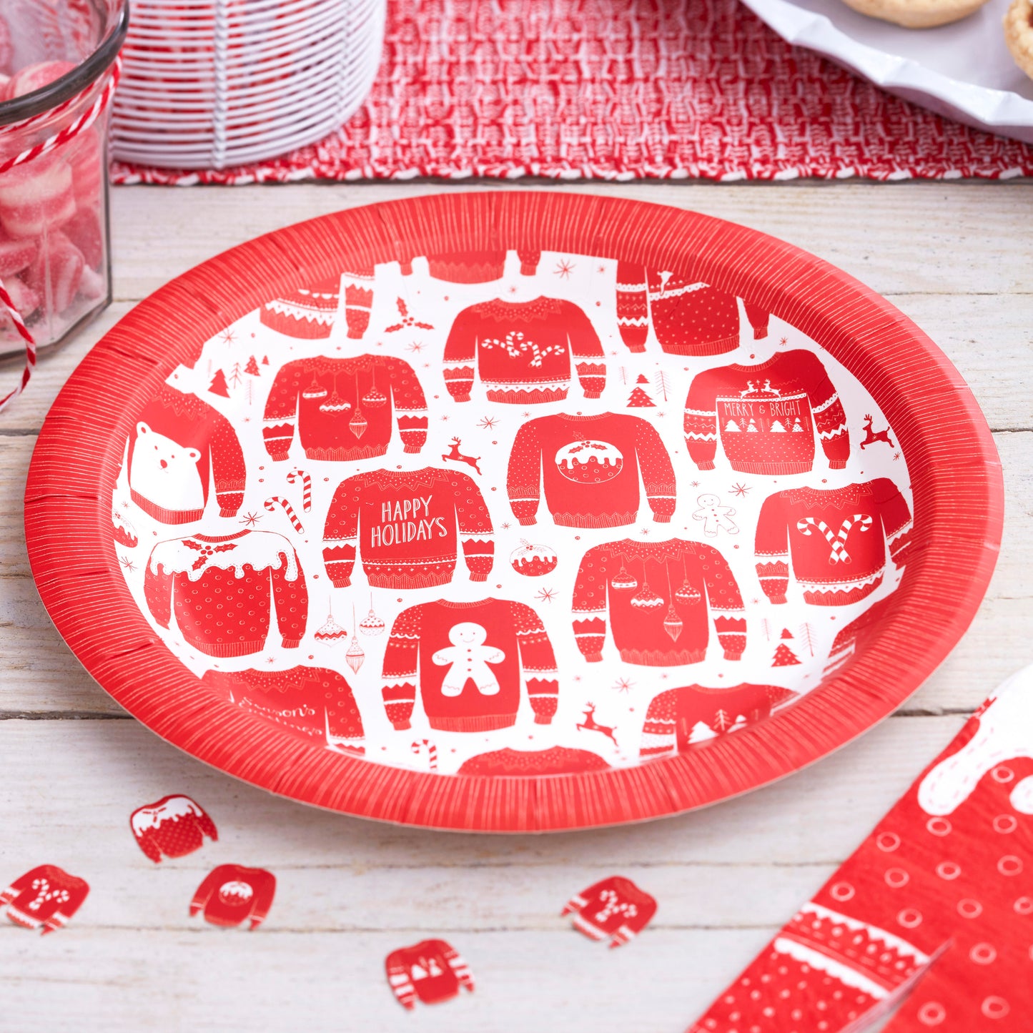Red and White Festive Jumper Paper Plates - Cosy Christmas