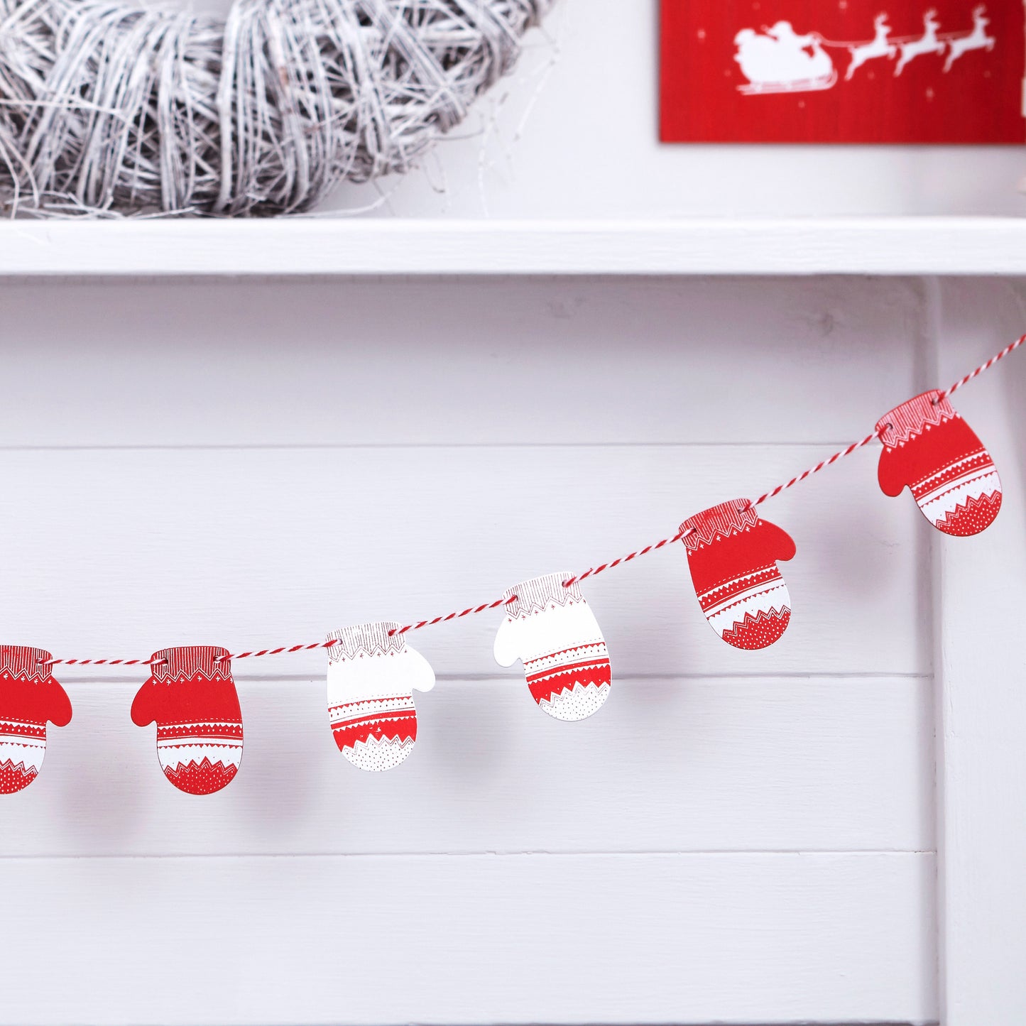 Red and White Festive Mitten Wooden Bunting - Cosy Christmas