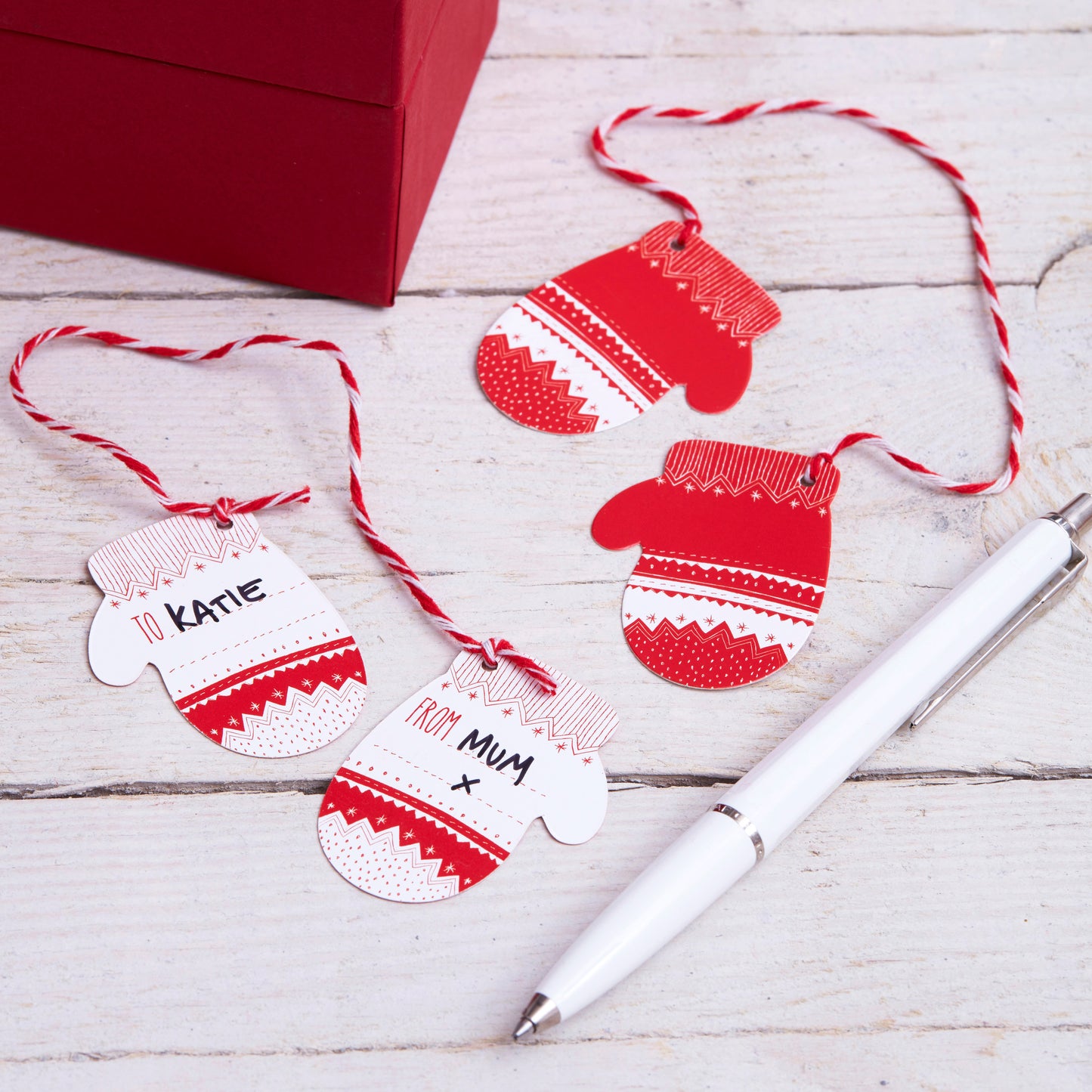 Red and White Festive Mitten Gift Tags - Cosy Christmas