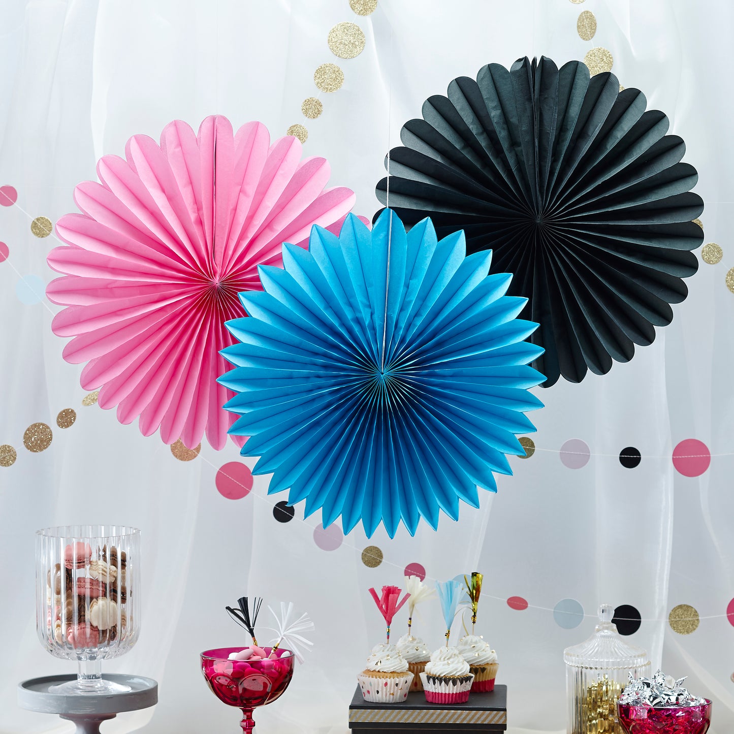 Pink, Black & Blue Wall Fan Decorations - Confetti Party