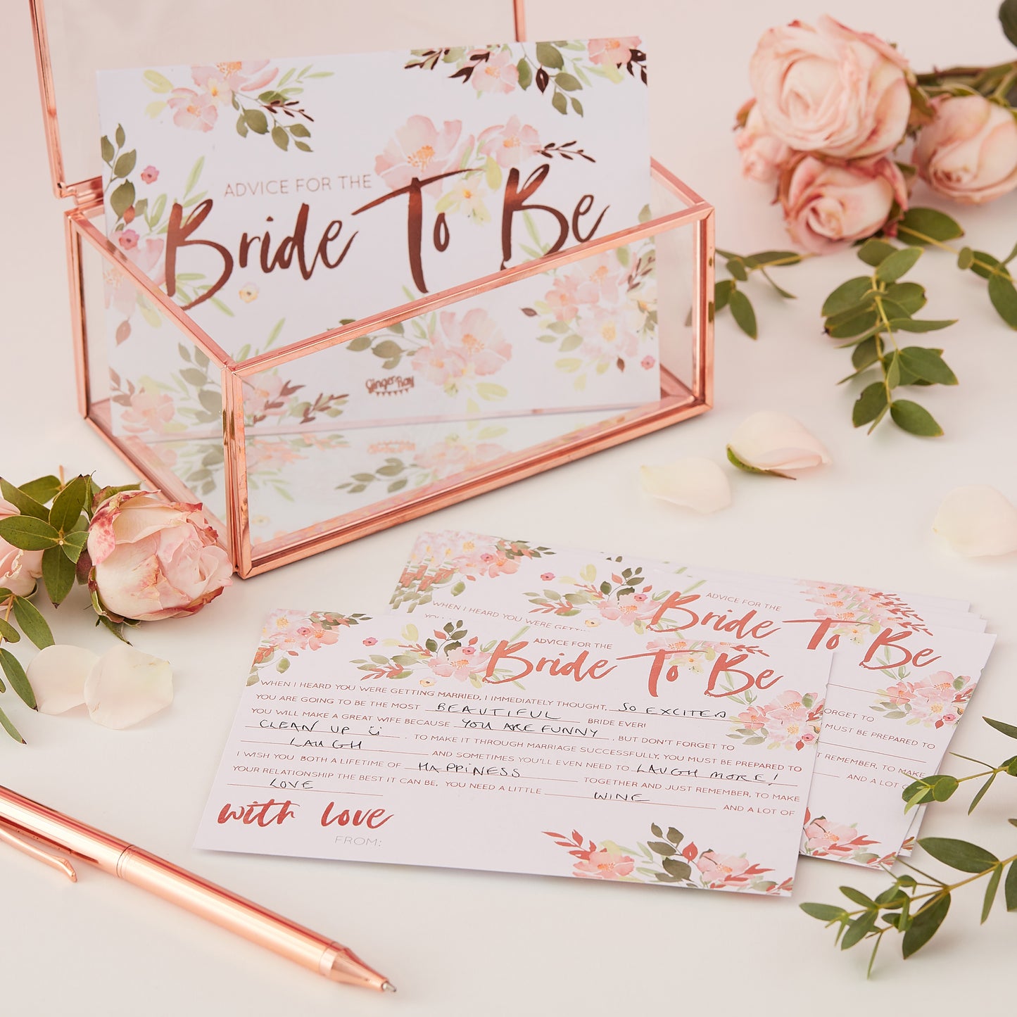 Floral and rose gold foiled advice for the bride cards