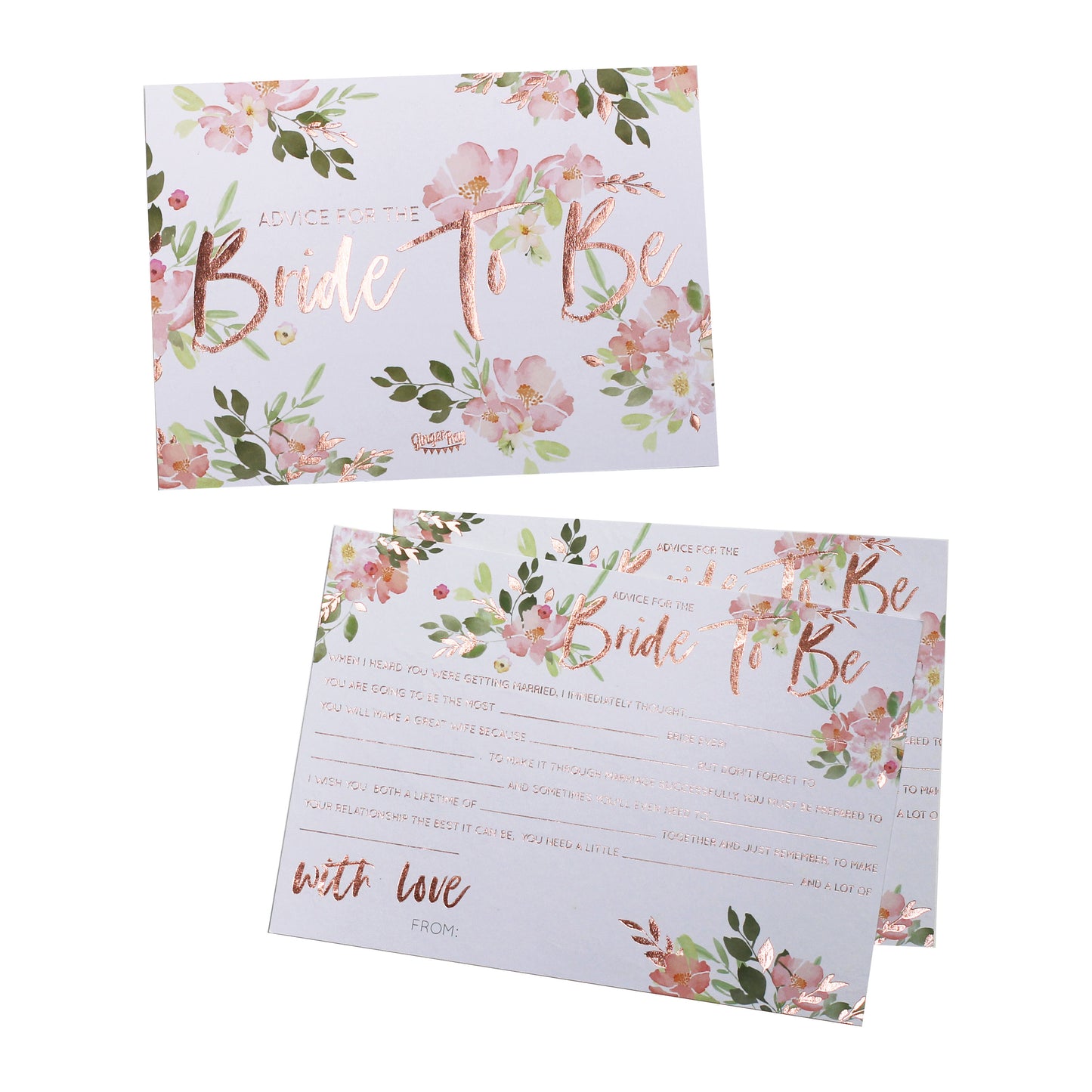 Floral and rose gold foiled advice for the bride cards