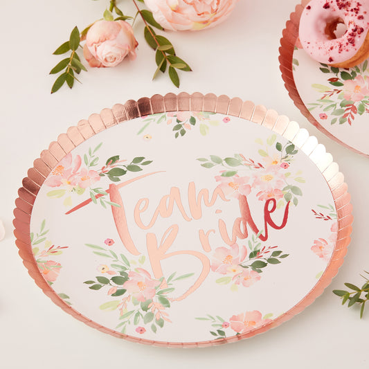 Team Bride Rose Gold Foiled Floral Plates
