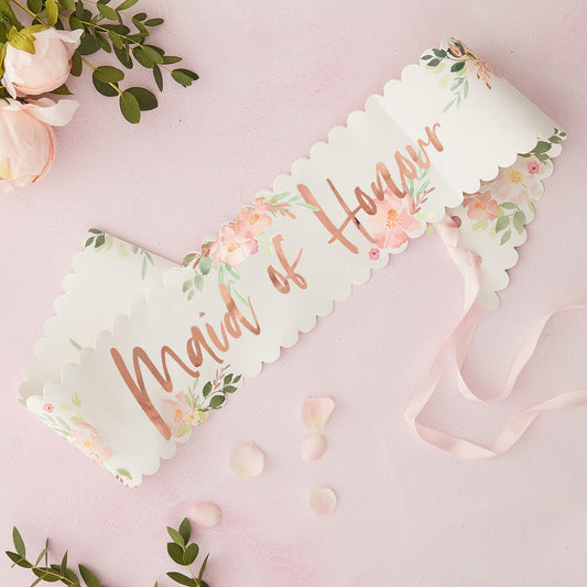 Rose Gold Floral Maid of Honour Sash