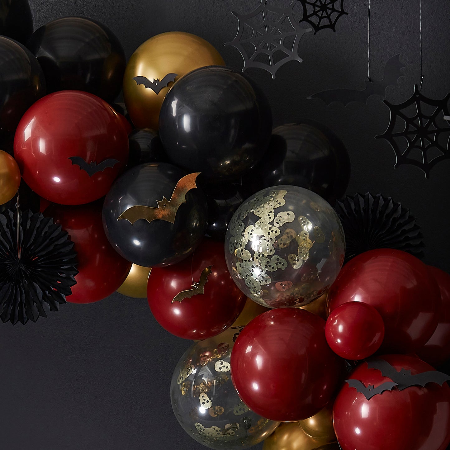 Gold, Black, and Deep Red Halloween Balloon Arch Kit with Cobwebs and Bats