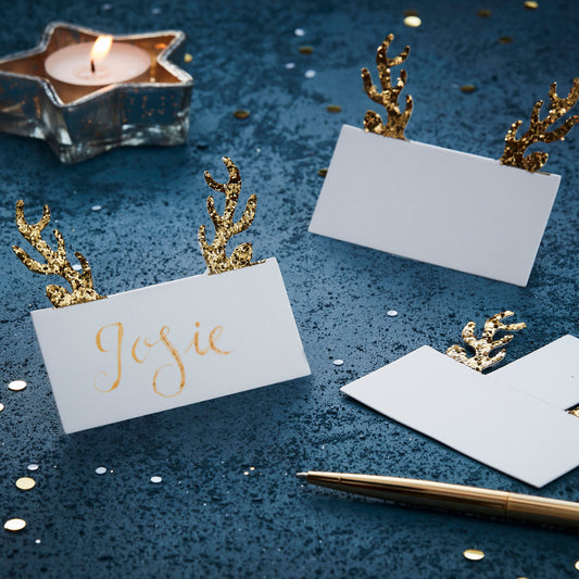 Gold Glitter Antler Shaped Christmas Place Cards