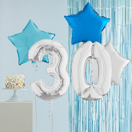 30th Birthday Silver Helium Deluxe Bunch Balloons Delivered