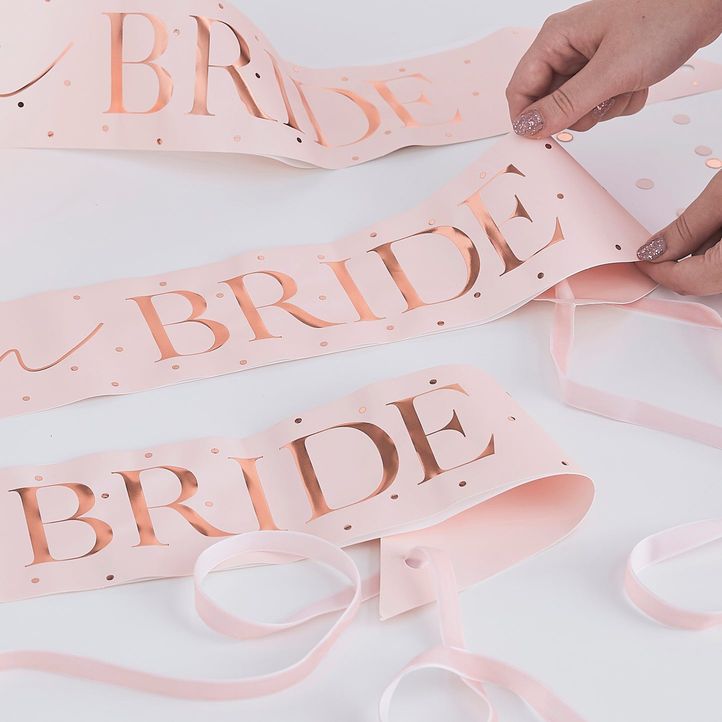 Pink and Rose Gold Team Bride Hen Party Sashes 6 Pack