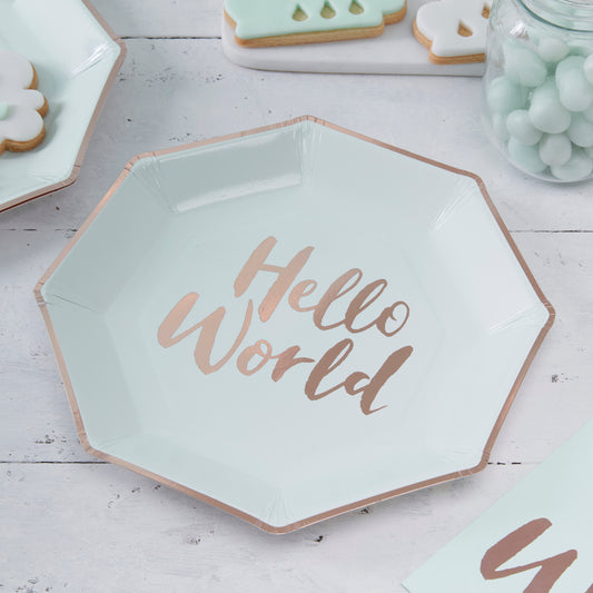 Mint and Rose Gold Hello World Baby Shower Plates