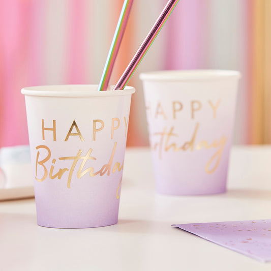 Lilac Ombre Gold Foiled Happy Birthday Cups
