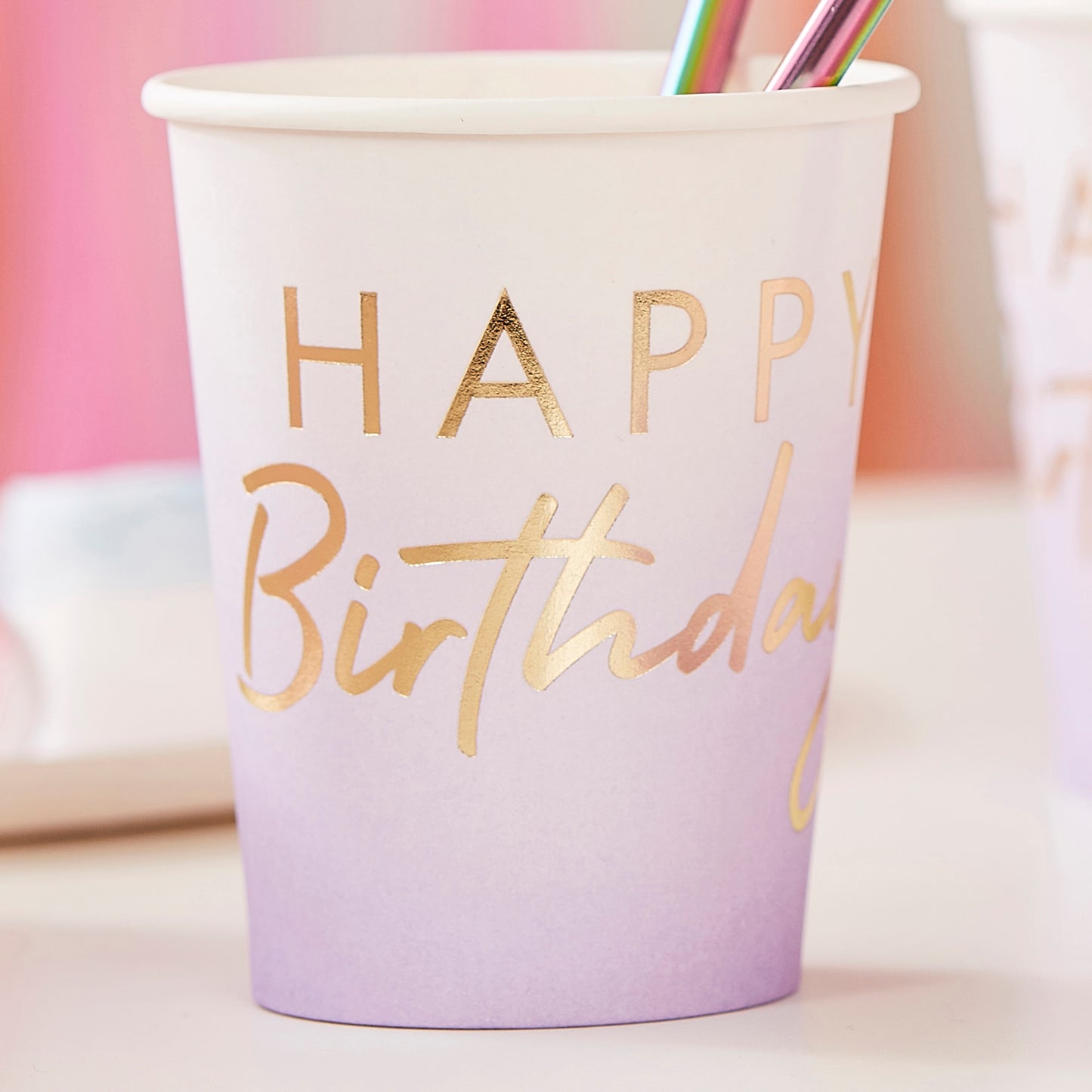 Lilac Ombre Gold Foiled Happy Birthday Cups