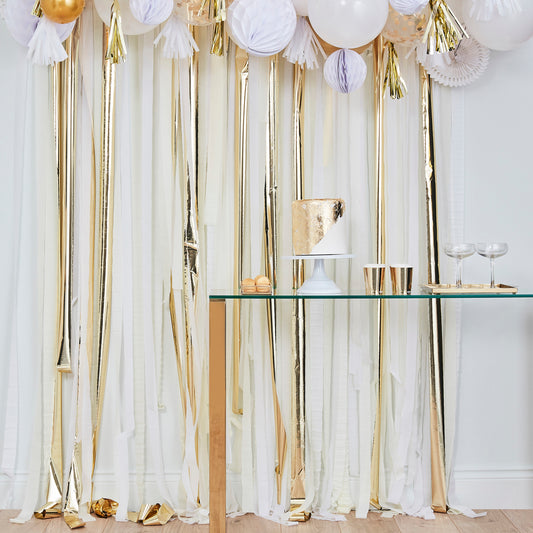 Gold Metallic Party Streamers Backdrop
