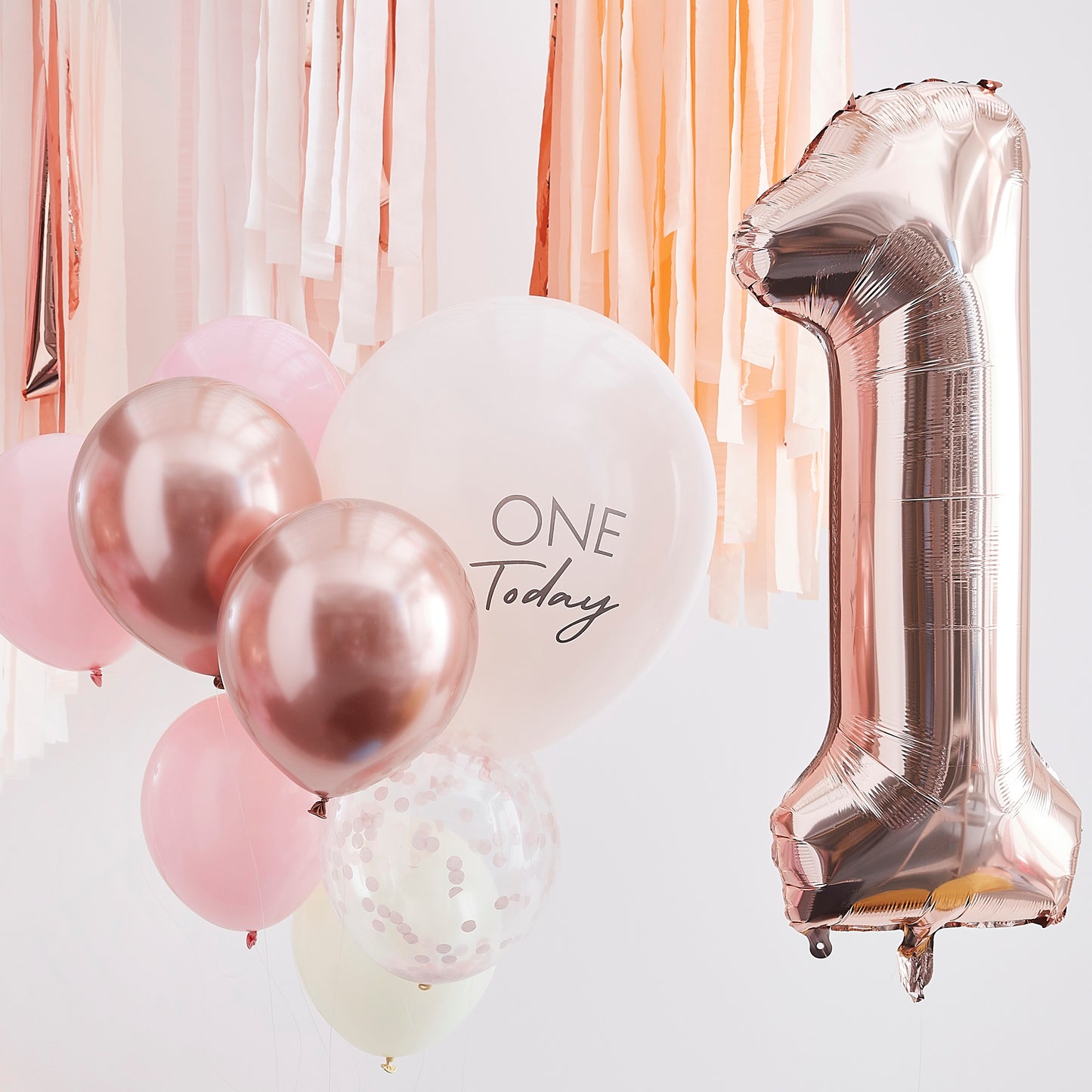 Pink and Rose Gold First Birthday Balloons