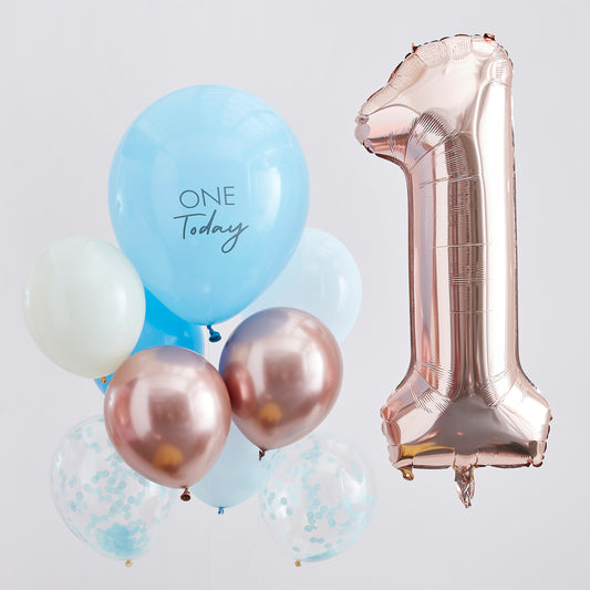 Blue and Rose Gold First Birthday Balloons