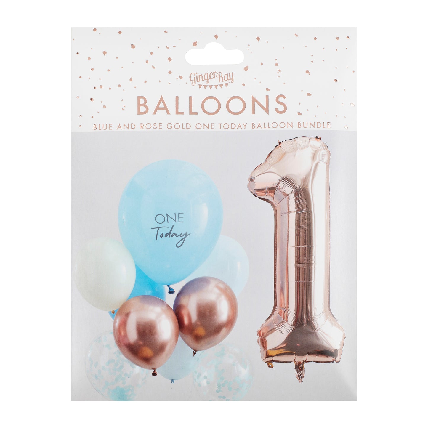 Blue and Rose Gold First Birthday Balloons