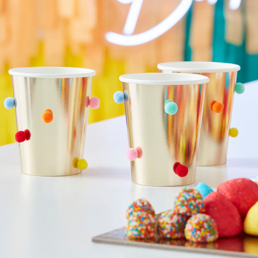 Rainbow Pom Pom Gold Paper Party Cups