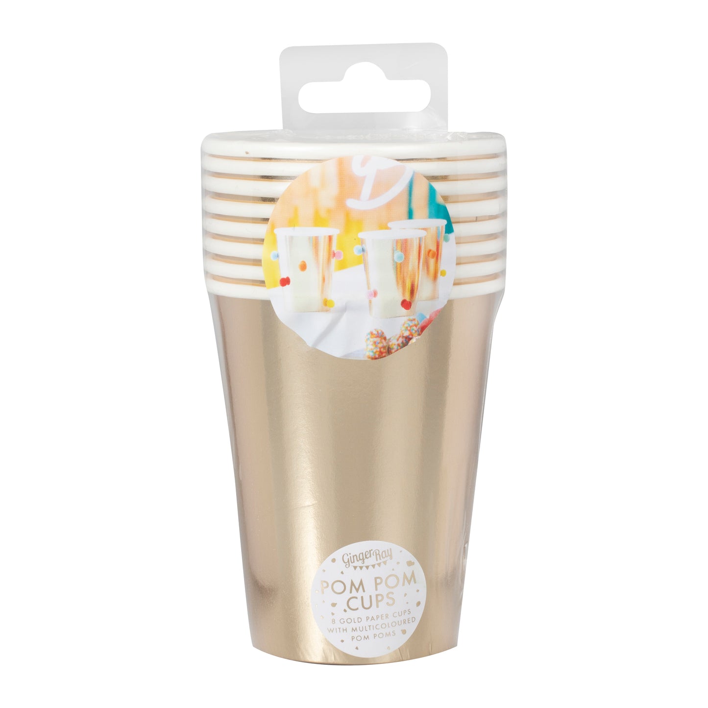 Rainbow Pom Pom Gold Paper Party Cups