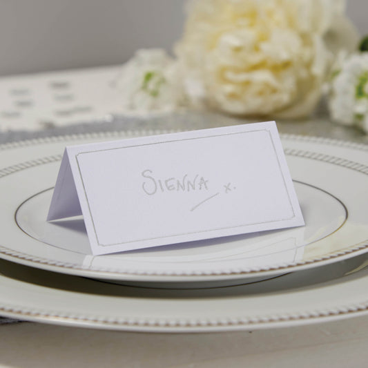 White & Silver Foiled Place Cards - Metallic Perfection