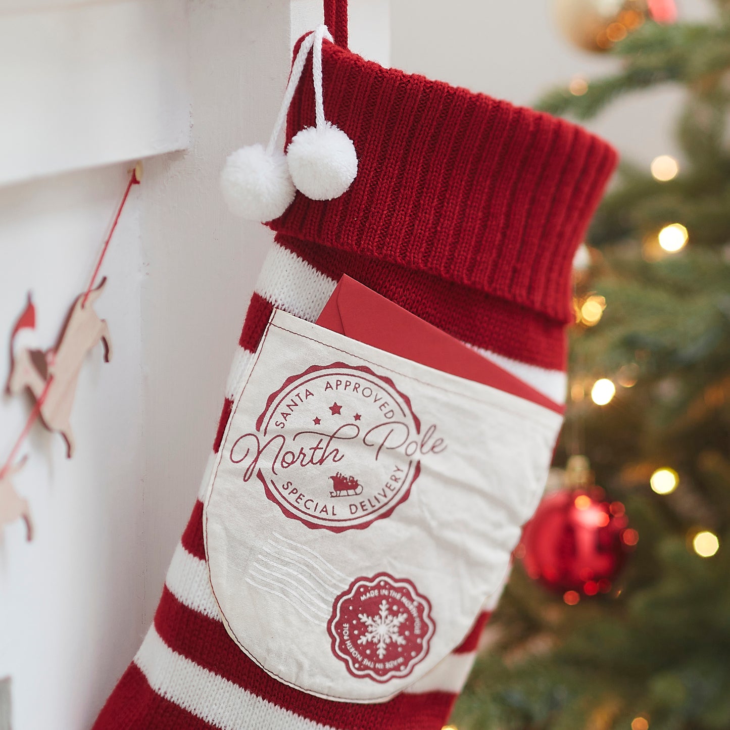 Red and White Knitted Christmas Stocking with Pocket