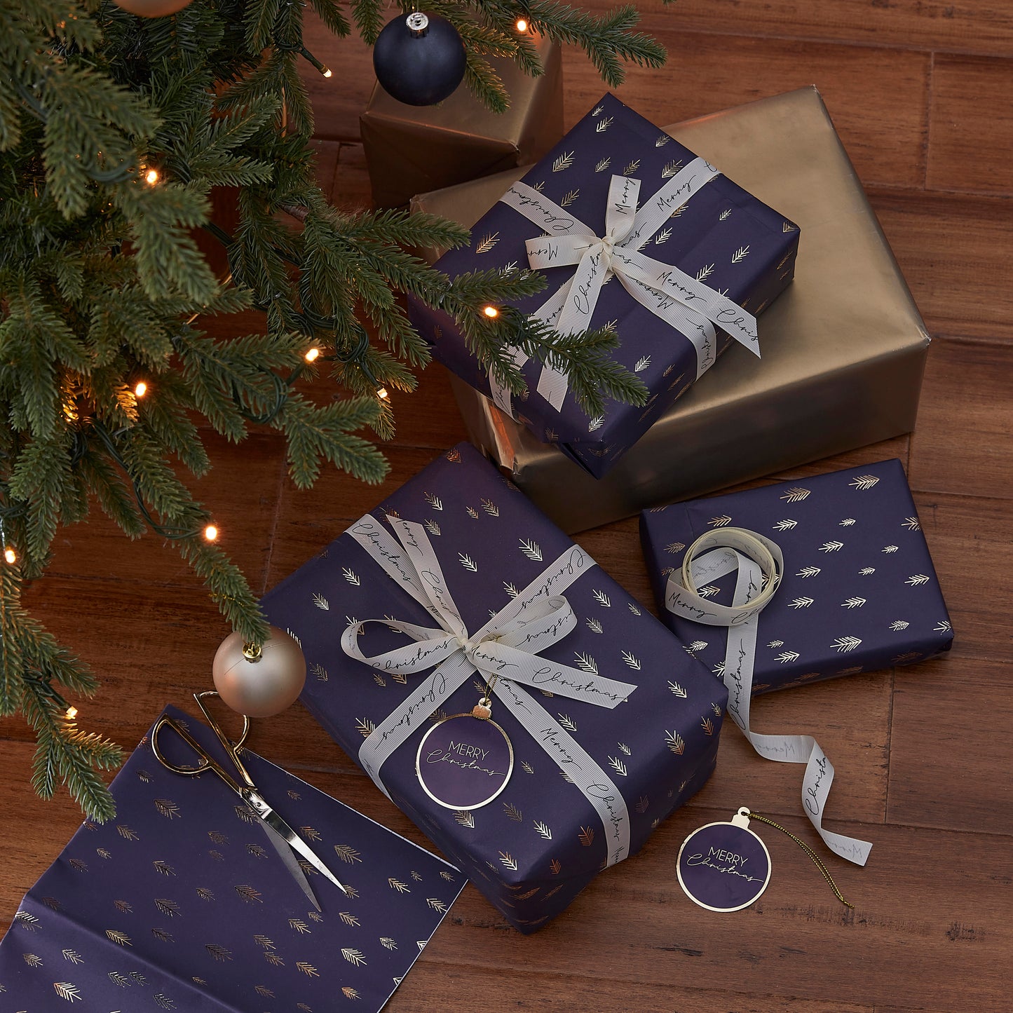 Navy and Gold Christmas Tree Wrapping Paper Set With Ribbon and Tags