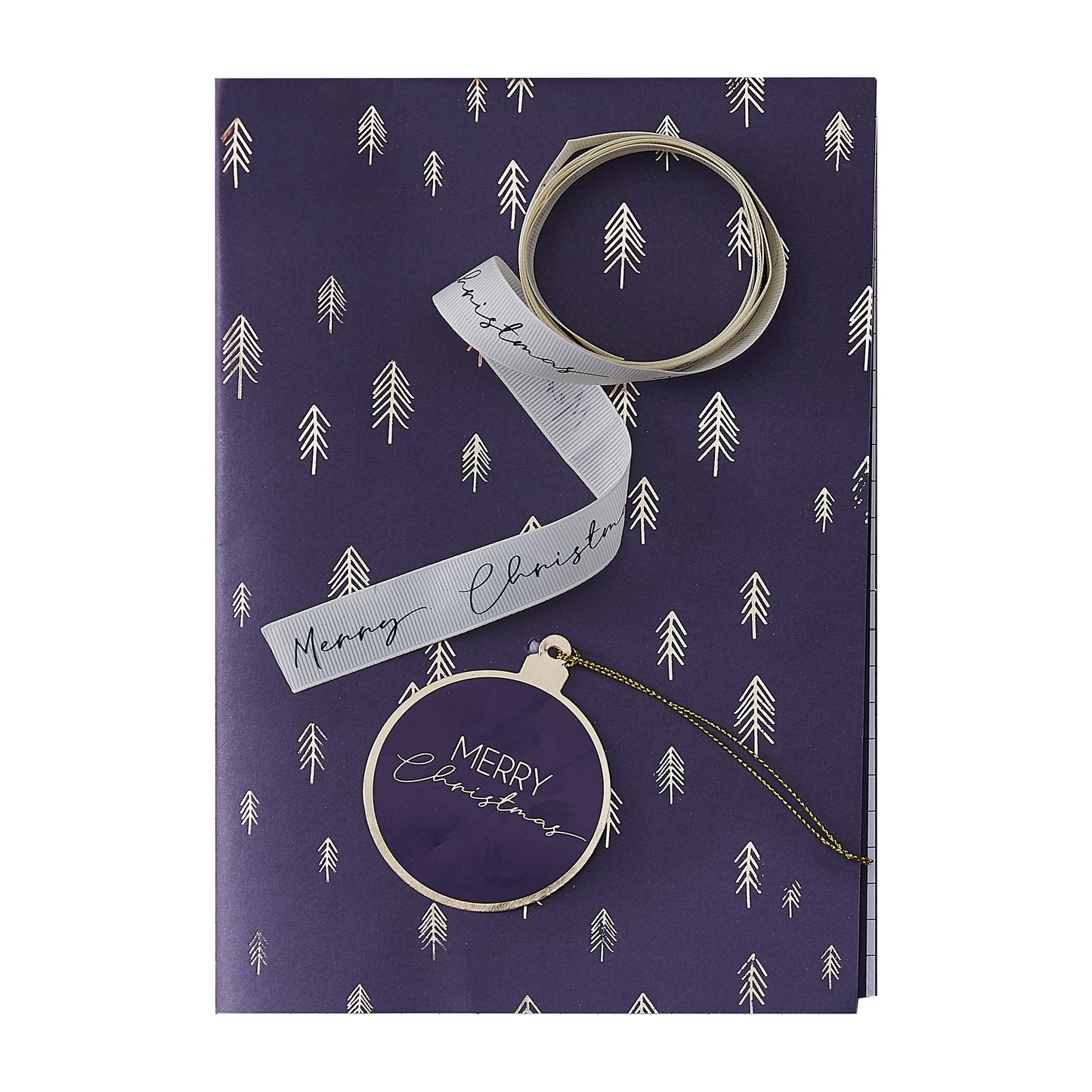Navy and Gold Christmas Tree Wrapping Paper Set With Ribbon and Tags