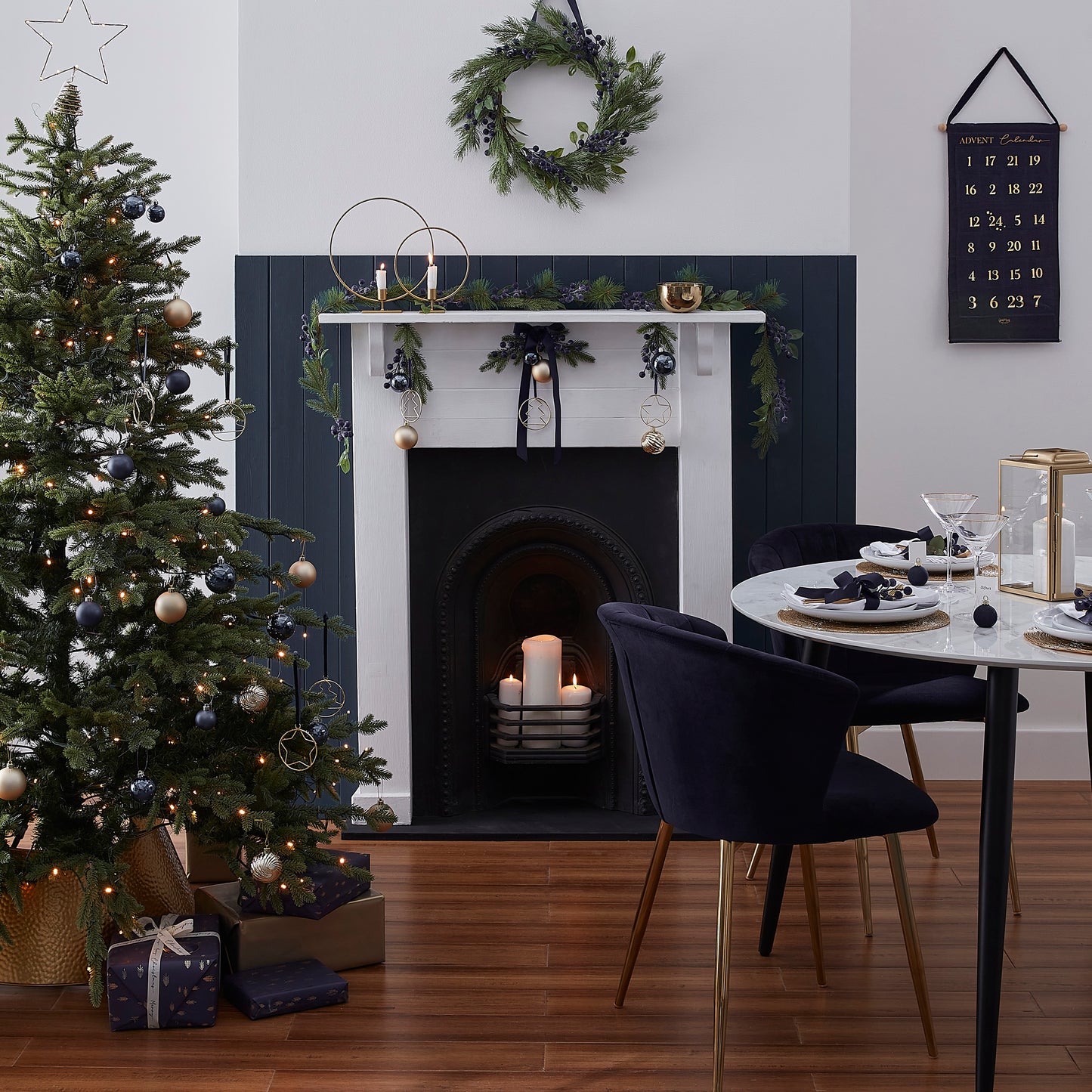 Navy and Gold Christmas Tree Wrapping Paper Set With Ribbon and Tags