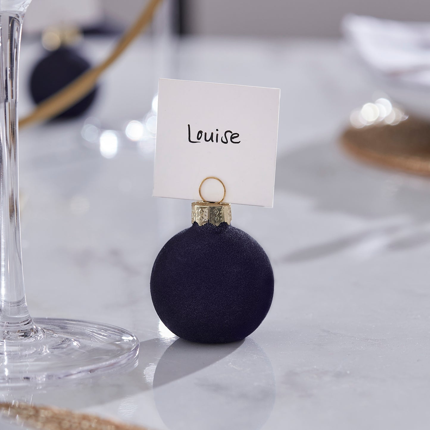 Navy Flocked Christmas Bauble Place Card Holders with Place Cards