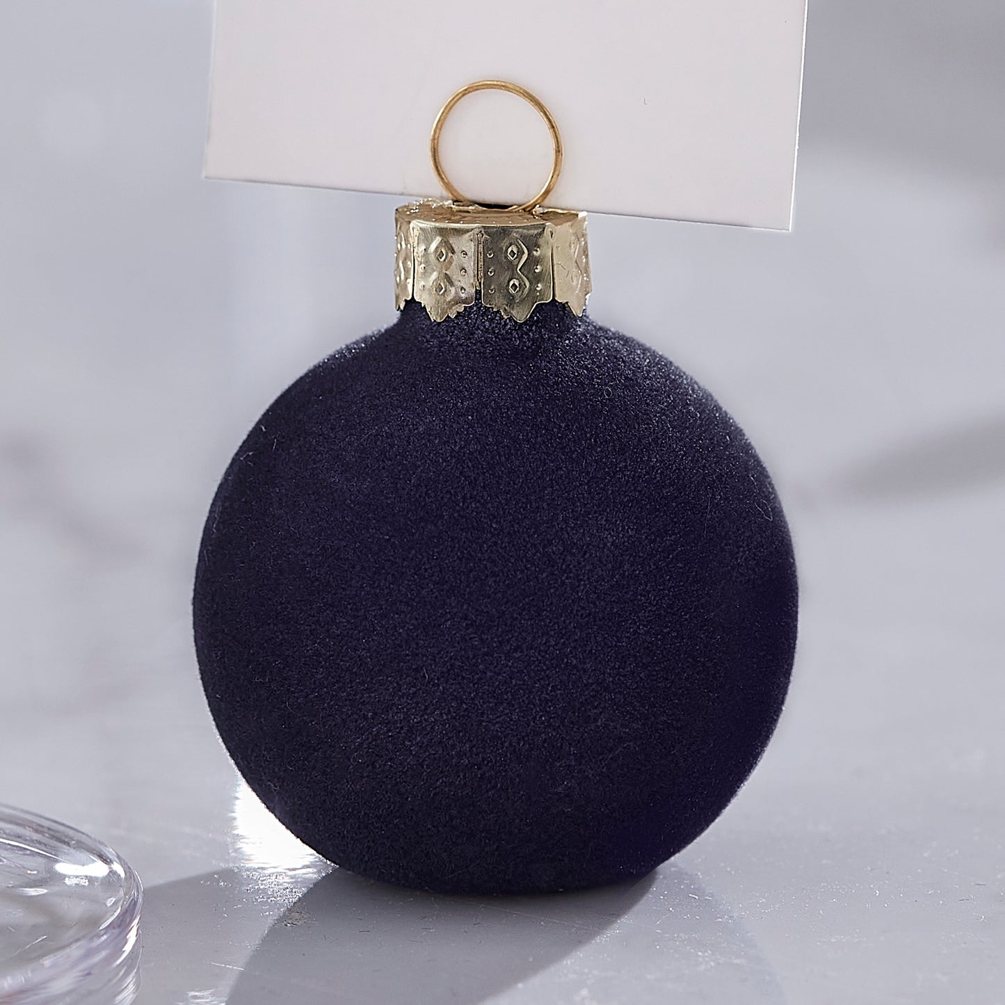 Navy Flocked Christmas Bauble Place Card Holders with Place Cards