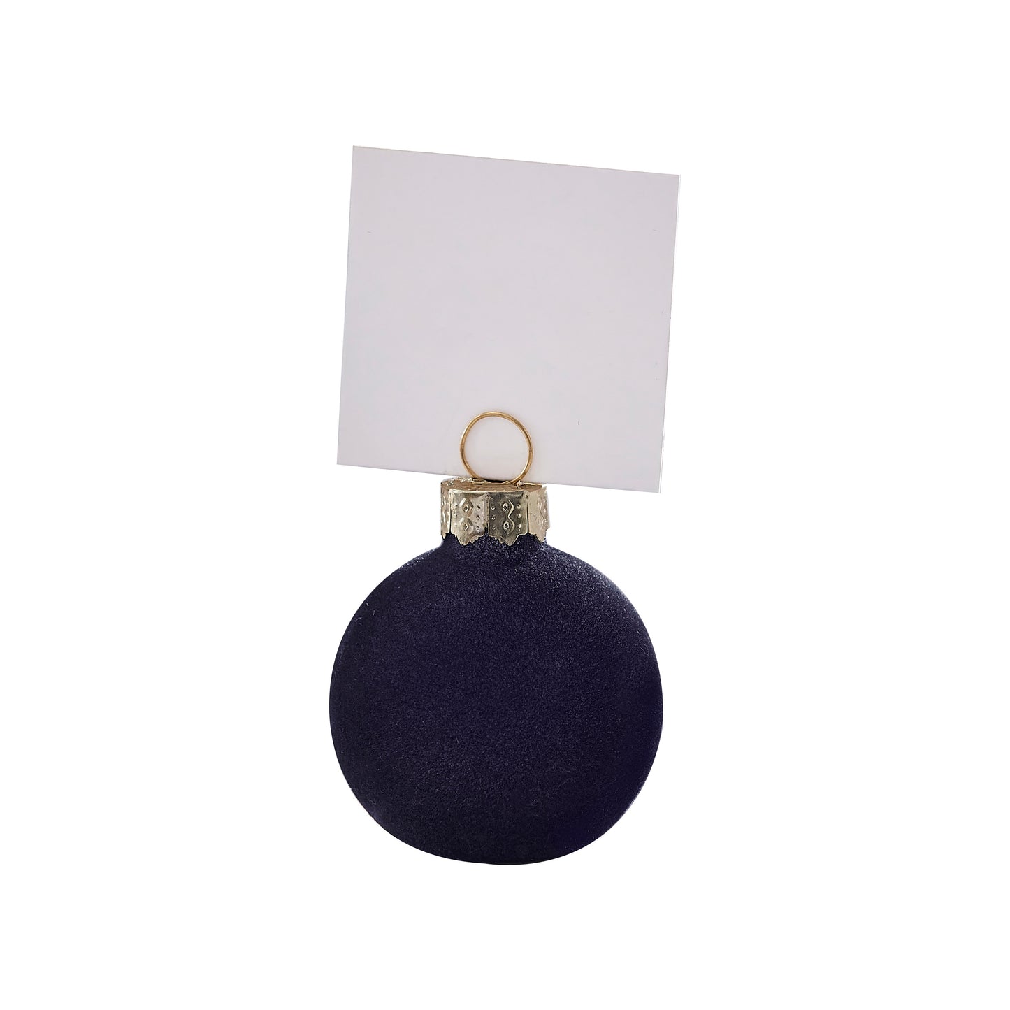 Navy Flocked Christmas Bauble Place Card Holders with Place Cards