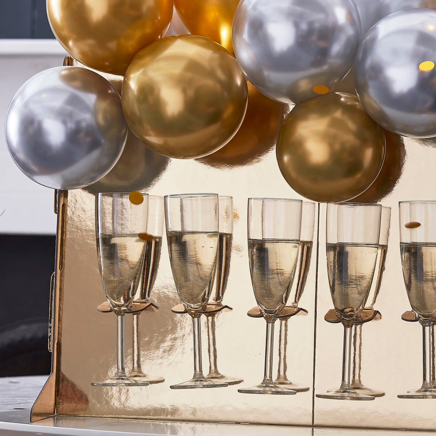 Gold Drinks Stand with Chrome Balloons