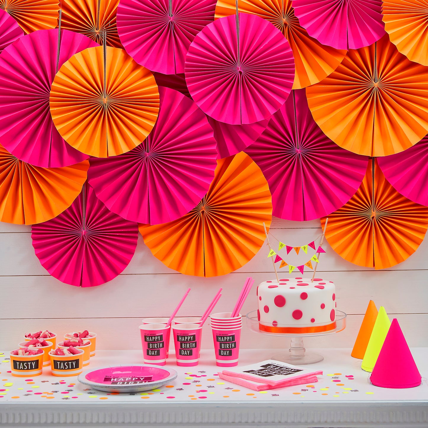 Neon Orange Geometric Paper Cups - Neon Birthday