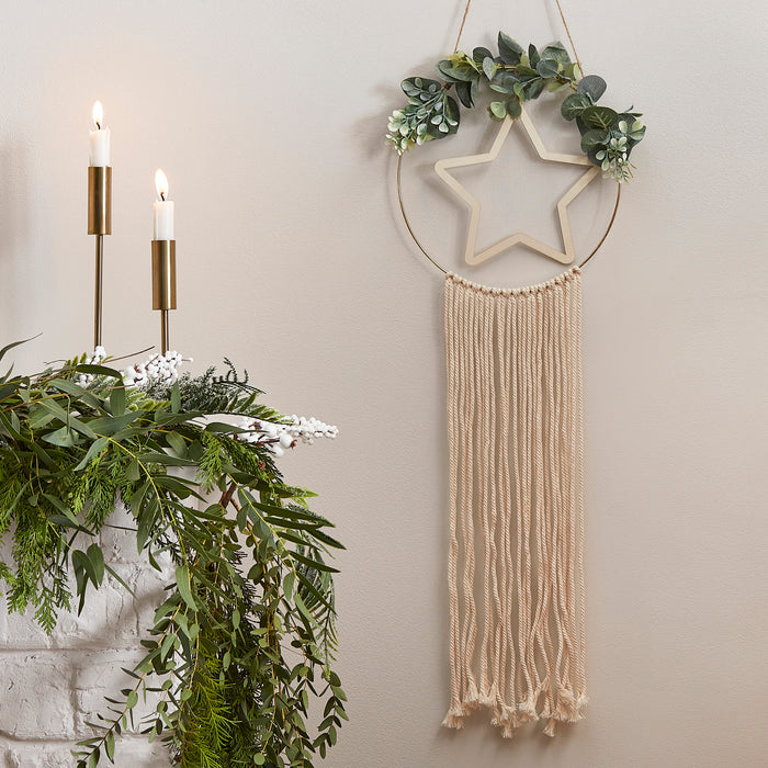 Wooden Hoop and Star Macrame Wall Hanging Wreath