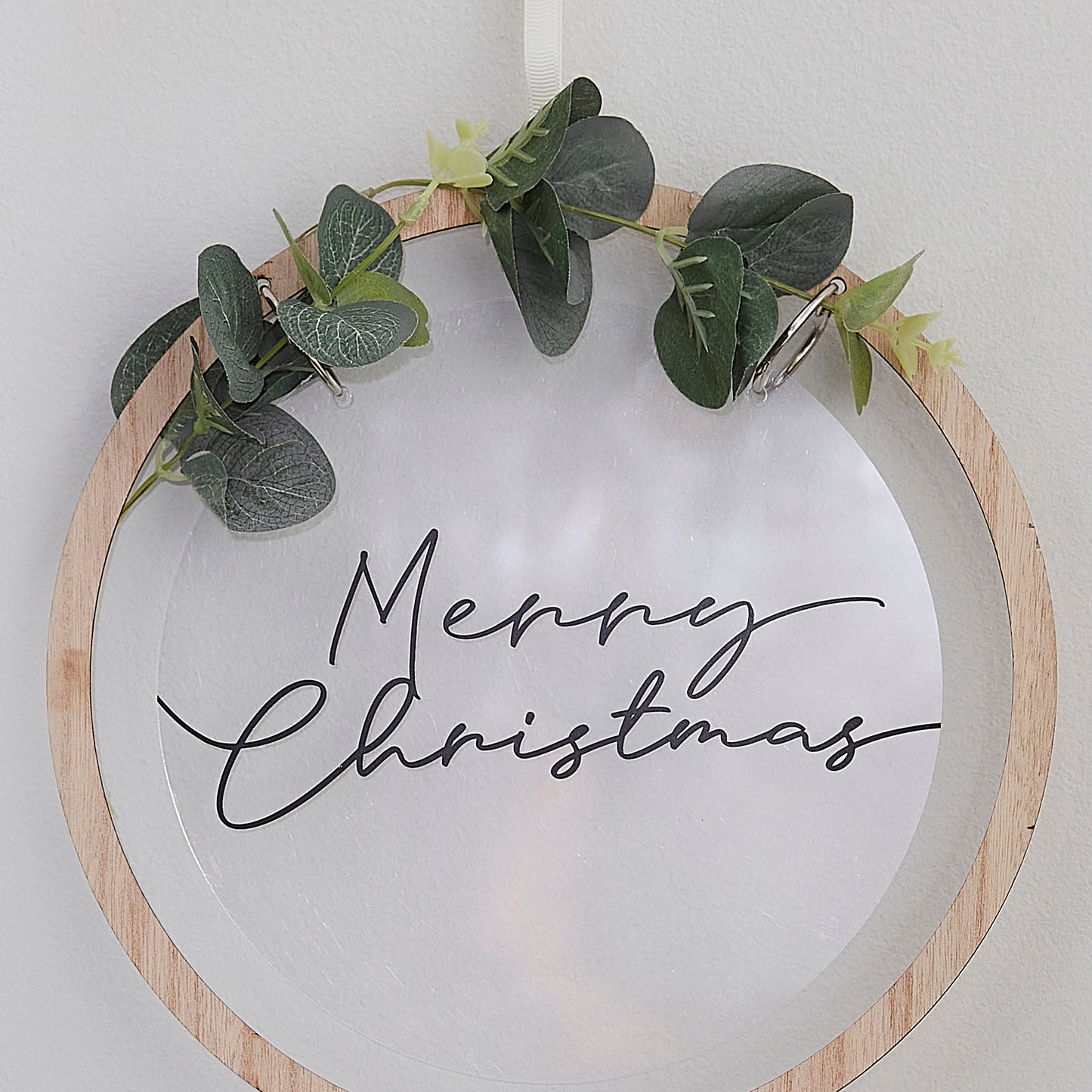 Acrylic Merry Christmas Wreath with Wooden Hoop and Artificial Eucalyptus