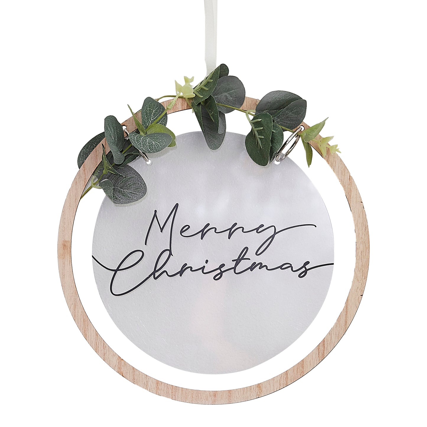 Acrylic Merry Christmas Wreath with Wooden Hoop and Artificial Eucalyptus